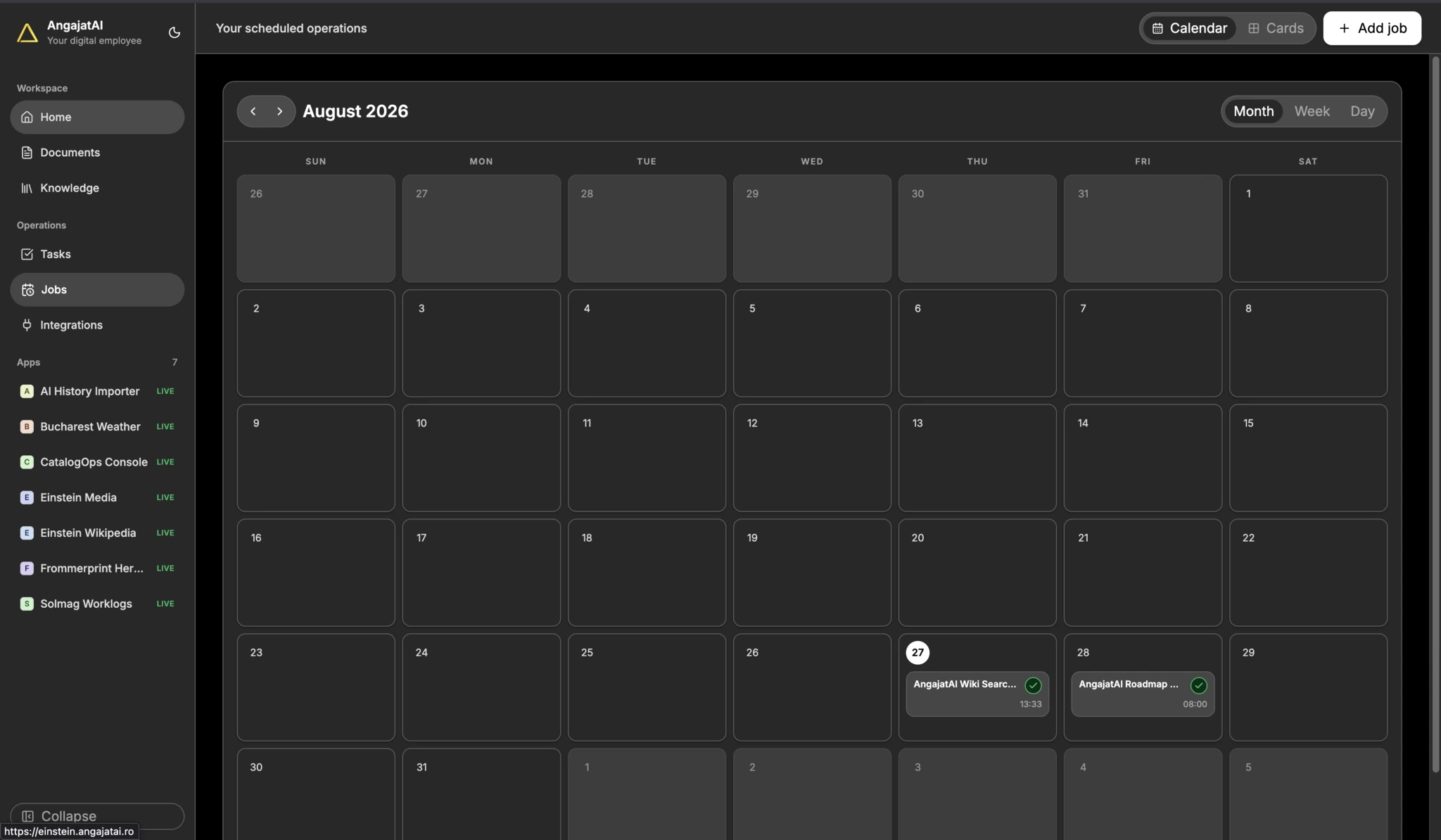 Calendarul lunar AngajatAI cu activități programate și execuții finalizate
