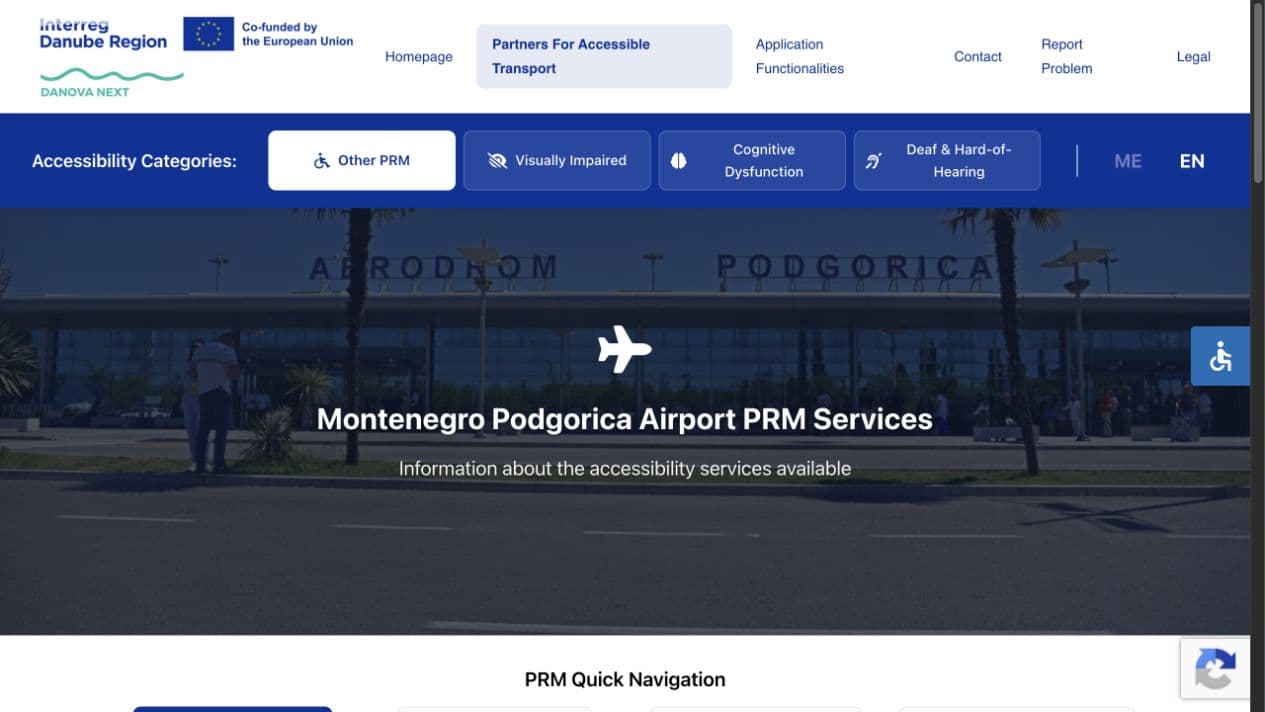 Pagină de accesibilitate a unui partener, cu categorii de dizabilitate și selector de limbă