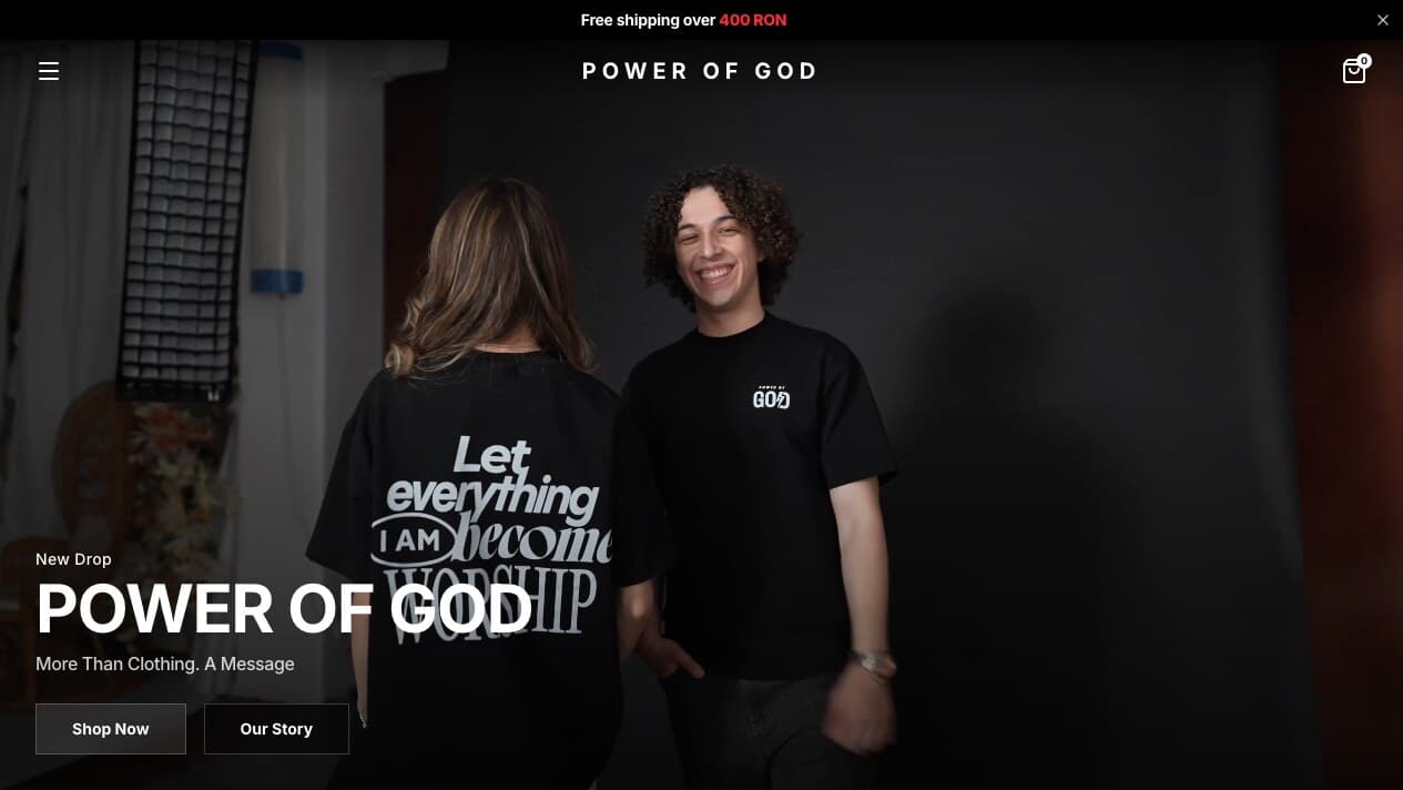 Pagina de campanie Power of God cu acțiuni pentru magazin și povestea brandului