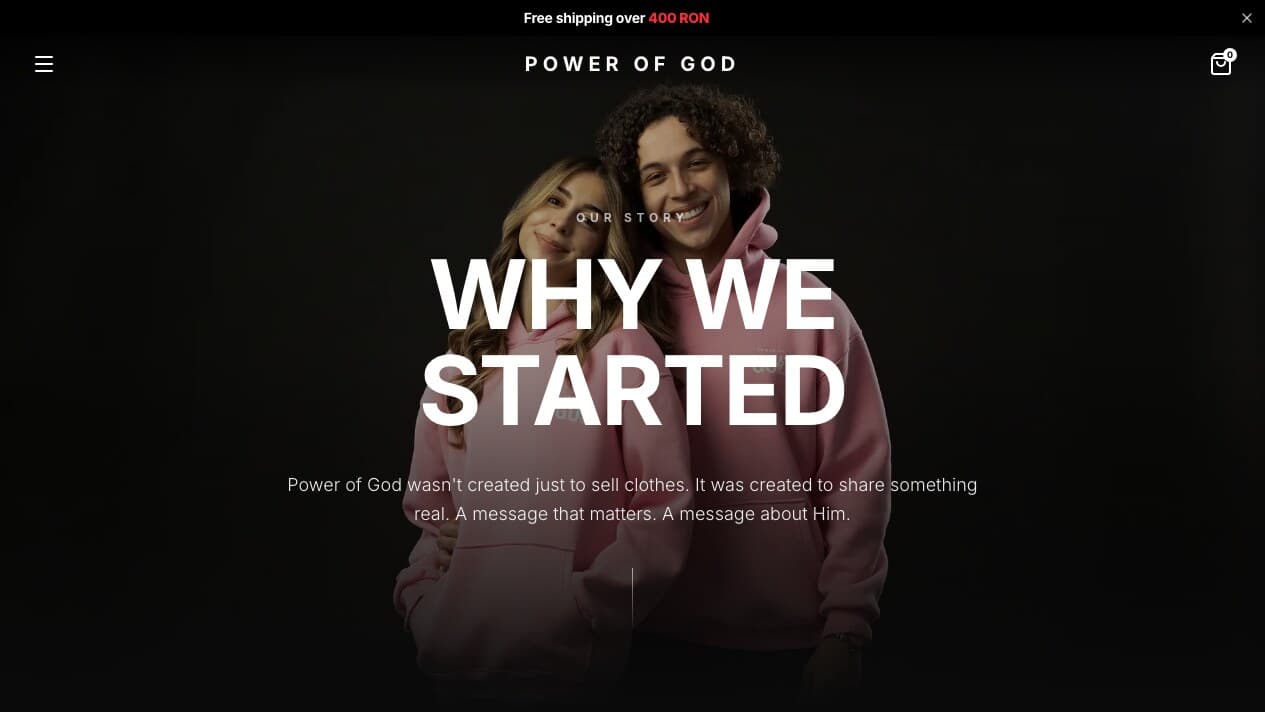 Pagina Power of God care introduce povestea și scopul brandului de haine