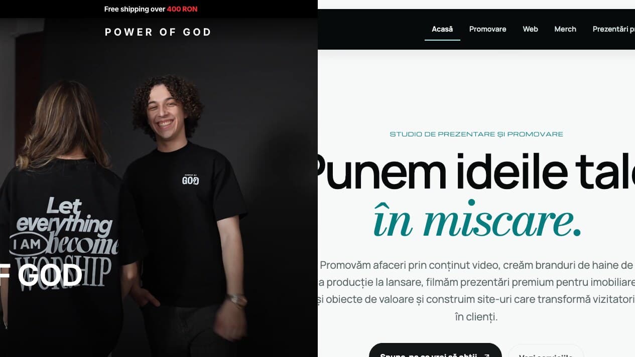 Site-ul e-commerce Power of God și site-ul agenției Pedu Media prezentate alături