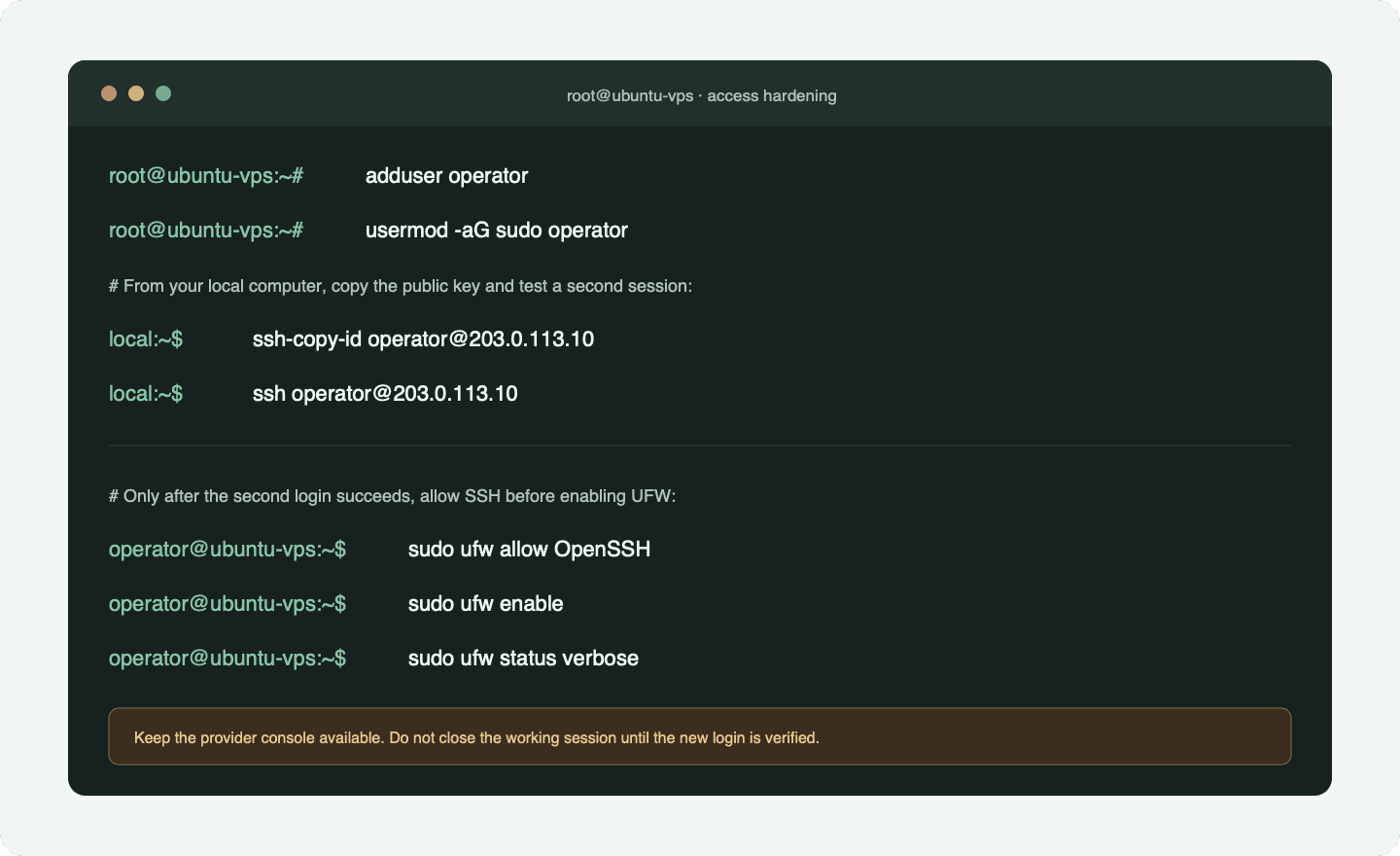Secvență ilustrativă de terminal pentru SSH, UFW și verificări de securitate pe VPS