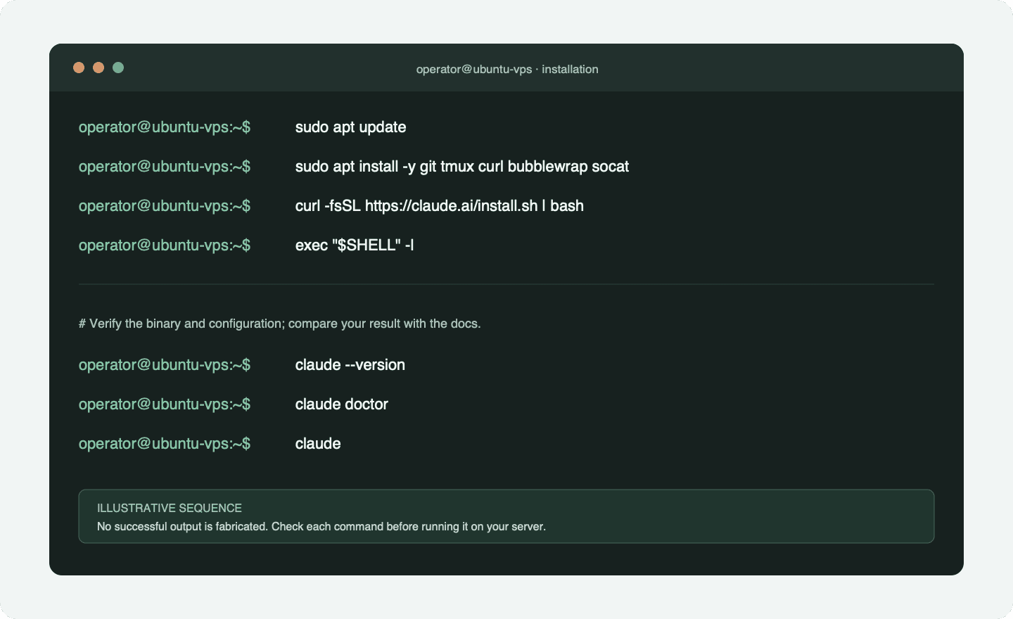 Secvență ilustrativă de terminal pentru instalarea și verificarea Claude Code pe un VPS Linux