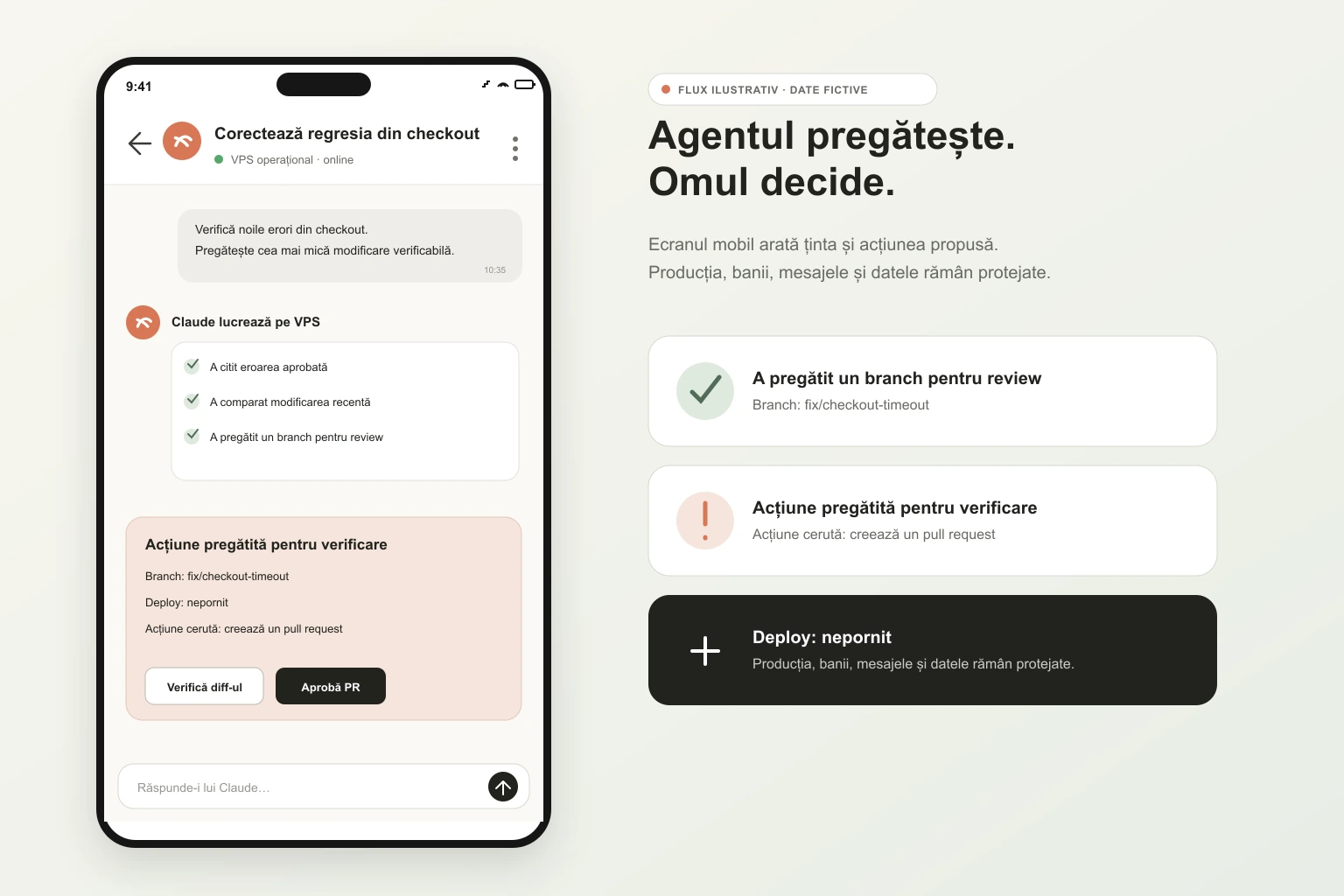 Recreare a unei sesiuni Claude Code pe telefon care prezintă un branch și cere aprobare înainte de crearea unui pull request