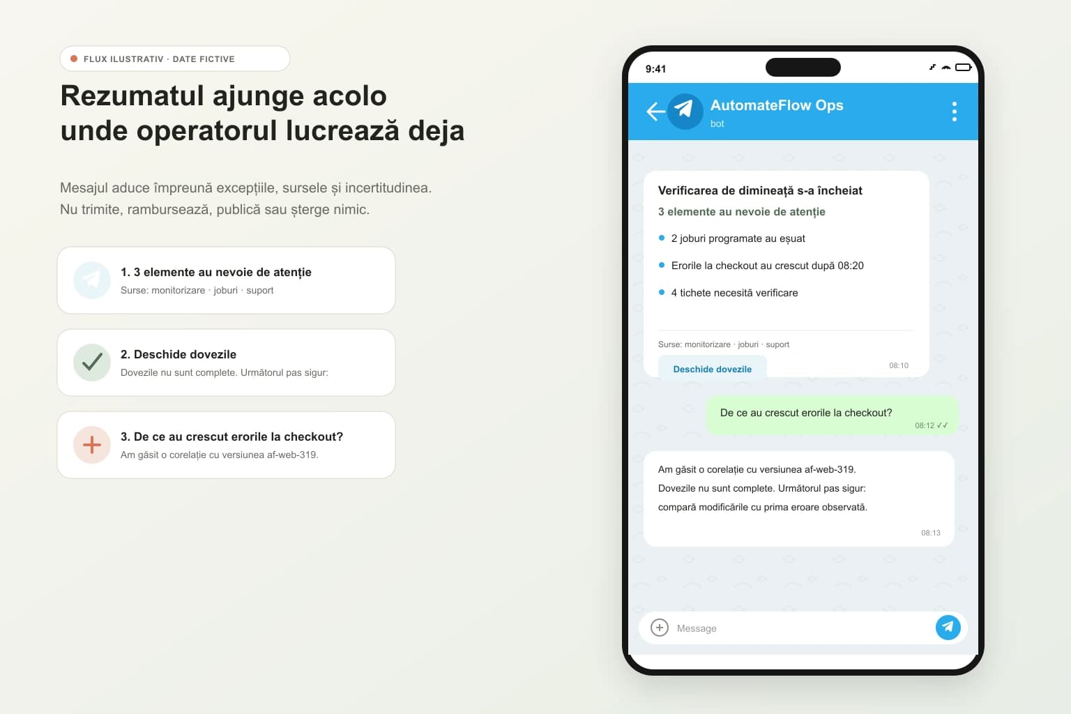 Recreare a unui chat Telegram cu un rezumat operațional, surse și o întrebare despre erorile din checkout